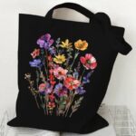 Retro Blumen Tote Handtasche Schwarz 1 Geräumige Tote Tasche Damen