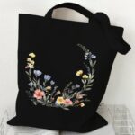 Retro Blumen Tote Handtasche Schwarz 2 Umweltfreundliche Canvas Tasche