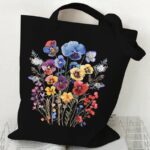 Retro Blumen Tote Handtasche Schwarz 5 Wildblumen Shopper Bag