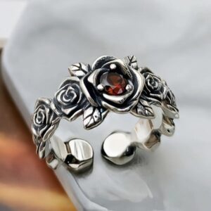 Vintage Roter Kristall Blumen Ring Damen