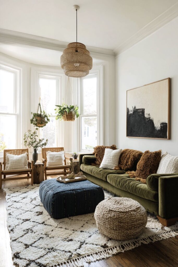 Boho-Wohnzimmer mit farbenfrohem Perserteppich