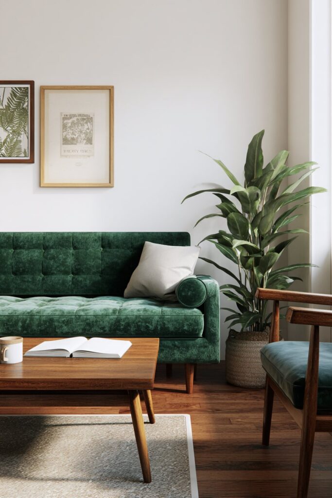 Mid-Century trifft Boho mit grünem Samtsofa