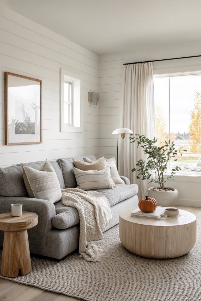 Kleines Boho-Wohnzimmer mit Shiplap-Wänden
