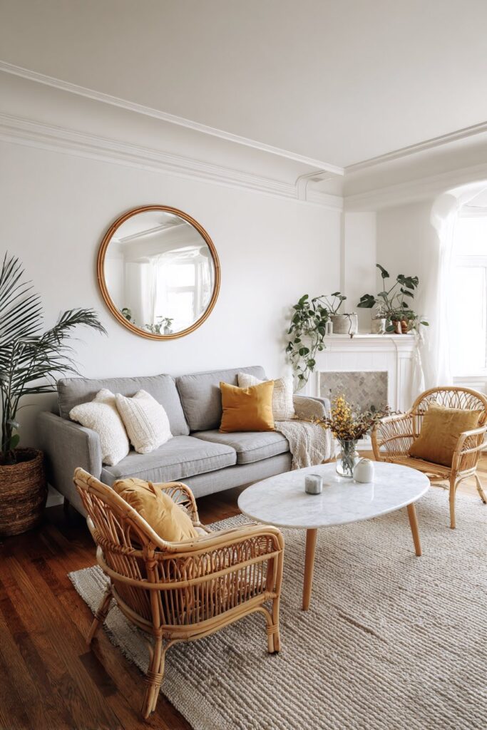 Boho-Wohnzimmer mit Vintage-Kommode und weißem Flair