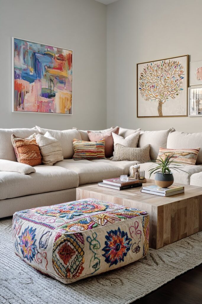 Boho-Wohnzimmer mit großzügigem Ecksofa