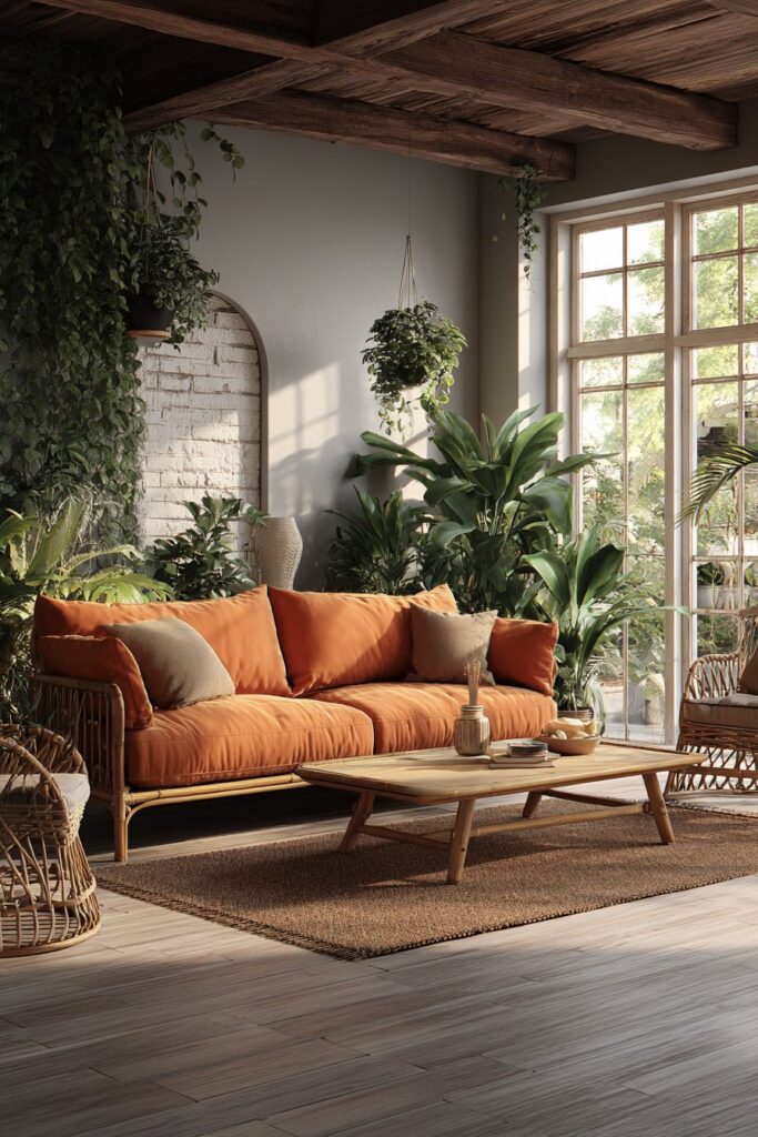 Boho-Wohnzimmer mit leuchtendem Ocker-Sofa