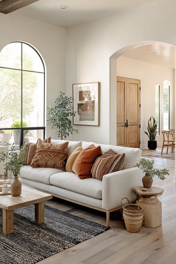 Mid-Century Boho-Wohnzimmer mit klaren Linien