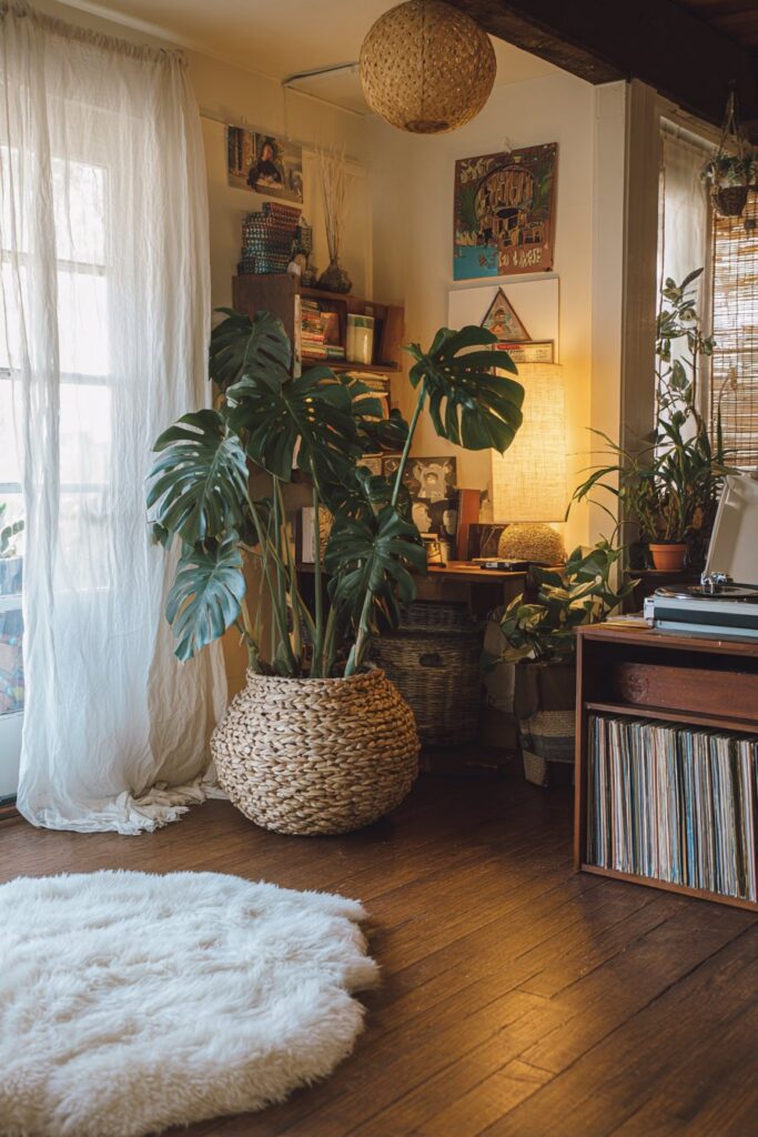 Kuschelige Boho-Wohnlandschaft mit üppigem Pflanzengrün