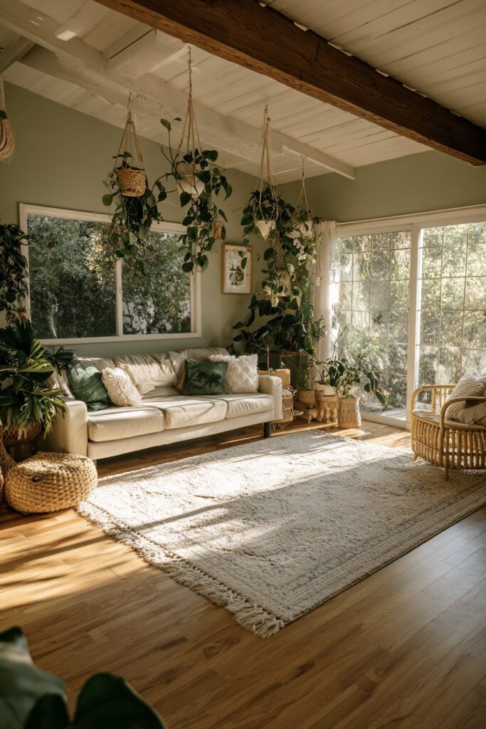 Grünes Boho-Wohnzimmer mit gemütlichem Flair