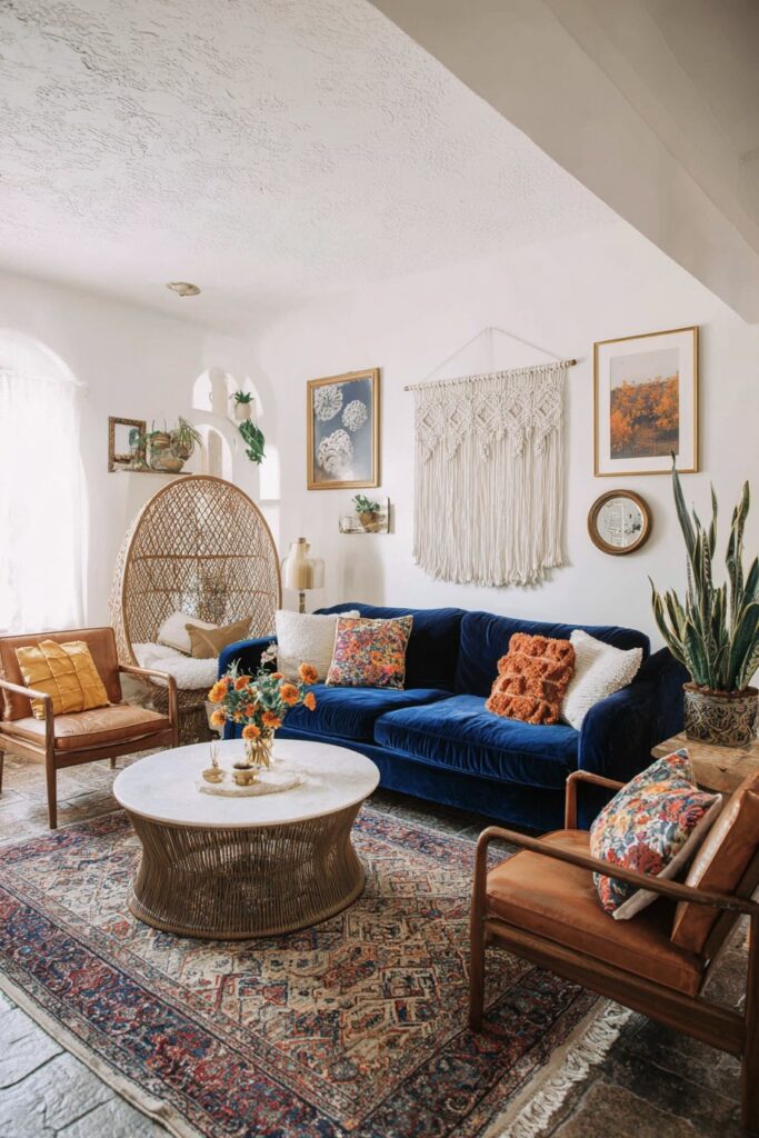 Boho-Wohnzimmer mit Samtsofa und Lederakzenten