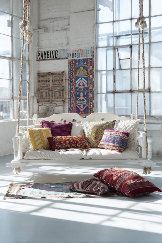 Boho-Schaukel im Wohnzimmer als Blickfang